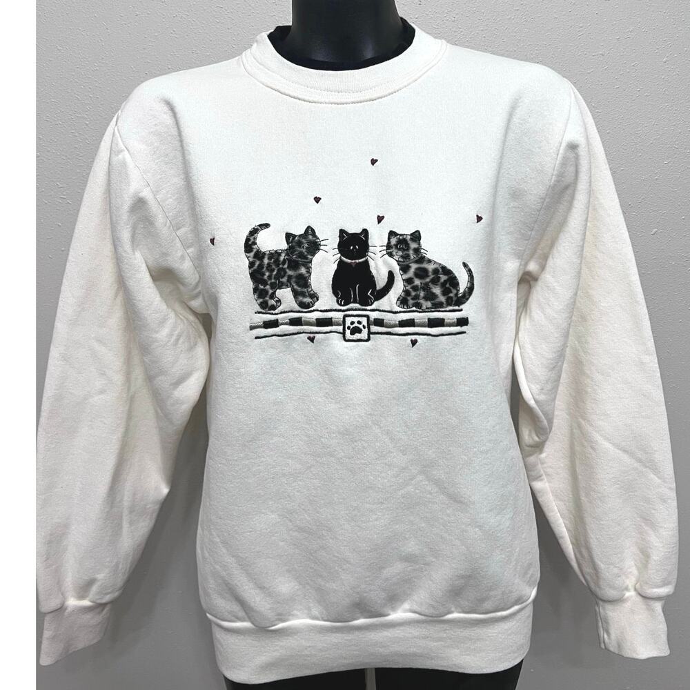 Cats Hearts Embroidered Sweatshirt White/Gray/Black Women’s Sz‎ M Kittens Winter